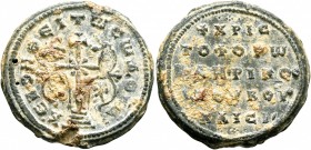 Christophoros, cleric and kouboukleisios, 2nd half 10th century. Seal (Lead, 23 mm, 8.57 g, 12 h). KЄ ROHΘЄI TⲰ CⲰ ΔOVΛ, Large patriarchal cross on st...