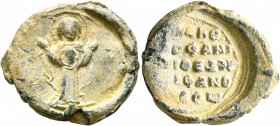 Theophanes, proedros and orphanotrophos, 2nd half 11th century-early 12th century. Seal (Lead, 24 mm, 8.85 g, 12 h). [ MHP - Θ]V Nimbate Mother of God...