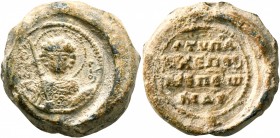 Petros, hypatos, second half 11th-1st half 12th century. Seal (Lead, 21 mm, 13.53 g, 12 h). Θ / ΓH/Ⲱ/[P]-Γ/I/O, Nimbate facing bust of Saint George, h...