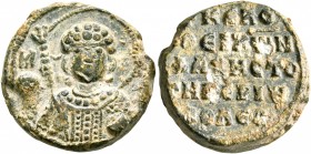 Konstantinos, metropolitan bishop of Tiberioupolis, 11th century. Seal (Lead, 18 mm, 8.08 g, 12 h). M-[X] Nimbate facing bust of St. Michael, holding ...