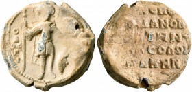 Romanos ...makes, vestes, 11th century. Seal (Lead, 21 mm, 7.30 g, 1 h). O / A/OC/Γ/I...
 Saint Theodore, nimbate, standing facing, holding spear in ...