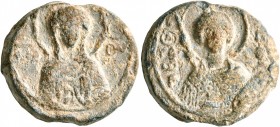 Anonymous, 11th century. Seal (Lead, 22 mm, 12.16 g, 11 h). [ MHP ] - ΘV
 The Mother of God, nimbate, both hands half-raised before her, palms outwar...