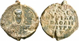 Basileios, protospatharios and strategos of ..., 11th century. Seal (Lead, 34 mm, 32.58 g, 12 h). Θ / [Θ]/Є-O/Δ/[ⲰP]/O,
 Nimbate facing bust of Saint...