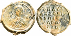 Bardas, imperial protospatharios and epi tou manglabiou, middle 11th century. Seal (Lead, 21 mm, 6.18 g, 12 h). MHP - ΘV The Mother of God, nimbate, b...