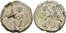Constantine X Ducas, 1059-1067. Seal (Lead, 31 mm, 15.92 g, 12 h), 1065-1067. [Є]MMA-NOVHΛ - IC - XC Christ, wearing nimbus cruciger, seated facing on...