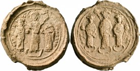 Romanus IV Diogenes, with Eudocia, Michael VII, Constantius, and Andronicus, 1068-1071. Seal (Lead, 34 mm, 34.77 g, 1 h), 1068-1071. +P[ⲰMAN] S - IC -...