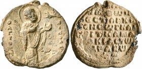 Symeon Ouranos, vestarches, kensor and judge of Cappadocia, 11th century. Seal (Lead, 25 mm, 9.68 g, 12 h). O / A/Γ/I/O/C – N/I/K/O/Λ/A, St. Nicholas ...