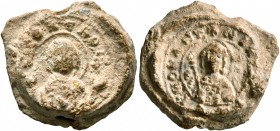 Nik..., 11th century. Seal (Lead, 18 mm, 7.15 g, 12 h). [ΘЄO]TOKЄ R, Θ, 

 Nimbate Mother of God “Episkepsis”, raising both hands in prayer, medalli...