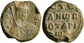 Stephanos, imperial notarios, 11th century. Seal (Lead, 18 mm, 5.44 g, 12 h). O / A/Γ/I/O - [Δ]/M/T Nimbate facing bust of Saint Demetrios, holding sp...