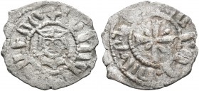 ARMENIA, Cilician Armenia. Royal. Levon V, 1374-1393. Denier (Billon, 15 mm, 0.62 g, 6 h). Crowned facing bust of Levon V. Rev. Cross pattée with line...