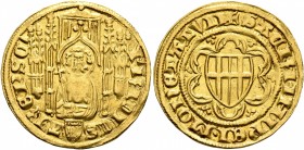 GERMANY. Köln (Erzbistum). Friedrich III von Saarwerden, 1371-1414. Gulden (Gold, 22 mm, 3.50 g, 5 h), Deutz. FRIDICS - ARЄPS C‘ Half-length bust of S...