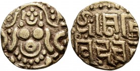 INDIA, Medieval. Gahadavalas of Kanauj. Govinda Chandra, 1114-1154. 1/4 Dinar (Gold, 12 mm, 1.00 g). Goddess Lakshmi seated facing. Rev. SRIMAD GOVIND...