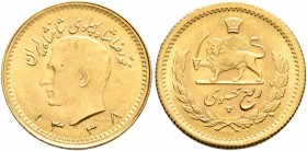 IRAN, Pahlavis. Muhammad Reza Shah, AH 1360-1398 / AD 1941-1979. 1/4 Pahlavi (Gold, 16 mm, 2.00 g, 1 h), Tehran, SH 1338 = 1959. Friedberg 104. KM 116...