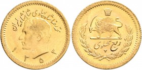 IRAN, Pahlavis. Muhammad Reza Shah, AH 1360-1398 / AD 1941-1979. 1/4 Pahlavi (Gold, 16 mm, 2.00 g, 1 h), SH 1353 = 1974. KM 1161. Struck from somewhat...