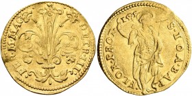 ITALY. Firenze. Ferdinando I de’Medici, 1587-1608. Ducato Gigliato (Gold, 22 mm, 3.38 g, 2 h), 1595. •FER•M•M•MAG - D•ETR•III• Lis. Rev. •FLOR•PROT•15...