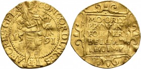 LOW COUNTRIES. Verenigde Nederlanden (United Netherlands). 1581-1795. Ducat (Gold, 21 mm, 2.83 g, 9 h), Gelderland, 1591. CONCORDIA•RES•P•AR•GRES•GEL ...