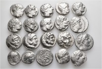 A lot containing 20 silver coins. All: Greek. Harshly cleaned, otherwise, about very fine to very fine. LOT SOLD AS IS, NO RETURNS. 20 coins in lot.