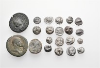 A lot containing 18 silver and 3 bronze coins. Includes: Greek and Roman Imperial. Fine to about very fine. LOT SOLD AS IS, NO RETURNS. 21 coins in lo...