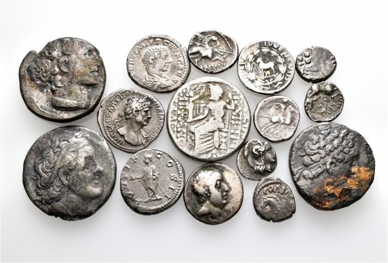 A lot containing 15 silver coins. Includes: Celtic, Greek, Roman Imperial. Fine ...