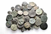 A lot containing 90 bronze coins. Includes: Greek and Roman Provincial. About fine to about very fine. LOT SOLD AS IS, NO RETURNS. 90 coins in lot.
