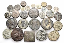 A lot containing 1 lead seal and 27 bronze coins. Includes: Greek, Roman Provincial, Roman Imperial and Byzantine. Fine to very fine. LOT SOLD AS IS, ...