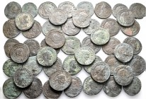 A lot containing 50 bronze coins. All: First Tetrarchy Folles. About fine to about very fine. LOT SOLD AS IS, NO RETURNS. 50 coins in lot.