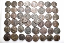 A lot containing 50 bronze coins. All: Roman Imperial. About very fine to good very fine. LOT SOLD AS IS, NO RETURNS. 50 coins in lot.