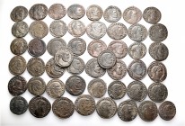 A lot containing 50 bronze coins. All: Roman Imperial. About very fine to good very fine. LOT SOLD AS IS, NO RETURNS. 50 coins in lot.