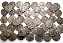 A lot containing 50 bronze coins. All: Roman Imperial. About very fine to very fine. LOT SOLD AS IS, NO RETURNS. 50 coins in lot.