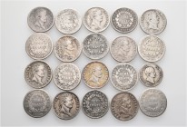 A lot containing 20 silver coins. All: France, mostly different years and/or mints. Fine to about very fine. LOT SOLD AS IS, NO RETURNS. 20 coins in l...
