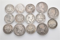 A lot containing 14 silver coins. All: France, mostly different years and/or mints. Fine to about very fine. LOT SOLD AS IS, NO RETURNS. 14 coins in l...