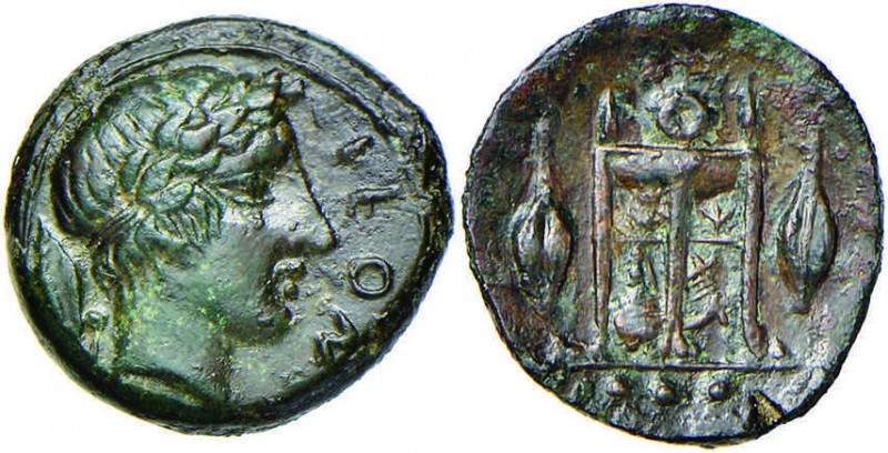 SICILIA Leontini - Trias (405-402 a.C.) Testa laureata di Apollo a d. - R/ Tripo...