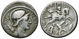 Fonteia – P. Fonteius P. f. Capito - Denario (55 a.C.) Busto elmato di Marte a d. - R/ Cavaliere al galoppo a d. – B. 17; Cr. 429/1 AG (g 3,78)
MB...