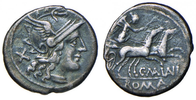 Maiania – C. Maianius - Denario (153 a.C.) Testa di Roma a d. – R/ La Vittoria s...