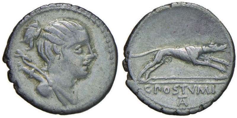 Postumia – C. Postumius – Denario (74 a.C.) Busto di Diana a d. – R/ Cane a d. –...