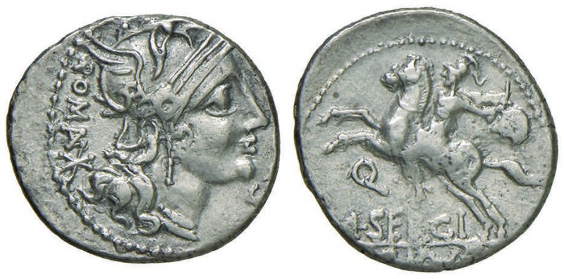 Sergia – M. Sergius Silus – Denario (116-115 a.C.) Testa di Roma a d. – R/ Caval...