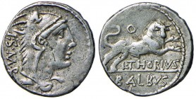 Thoria – L. Thorius Balbus - Denario (105 a.C.) Testa di Giunone Lanuvia a d. – R/ Toro rampante a d. – B. 1; Cr. 316/1 AG (g 3,88)
BB