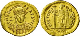 OSTROGOTI Teodorico (495-526) Solido a nome dell’imperatore d’Oriente Zeno – Busto elmato di fronte – R/ La Vittoria stante a s. – cfr. RIC 905 AU (g ...