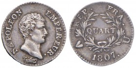 TORINO Napoleone (1804-1814) Quarto di franco 1807 – Gig. 65 (g 1,26) RR Minimo graffjetto sulla guancia al D/
BB/BB+