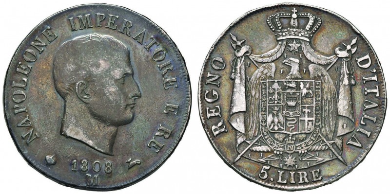 MILANO Napoleone (1805-1814) 5 Lire 1808 Puntali aguzzi – Gig. 103 AG (g 24,83)...