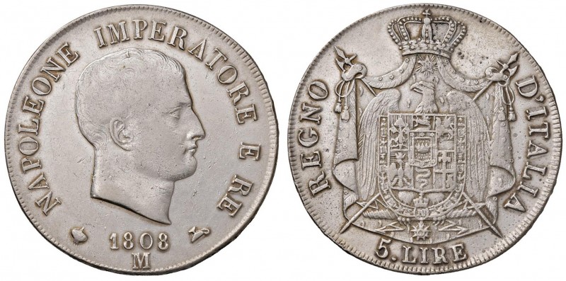 MILANO Napoleone (1805-1814) 5 Lire 1808 Bordo in rilievo – Gig. 97 AG (g 24,94)...