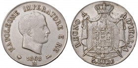 MILANO Napoleone (1805-1814) 5 Lire 1808 Bordo in rilievo – Gig. 97 AG (g 24,94) Lucidato e poroso al R/
qBB/BB