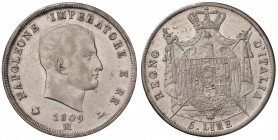 MILANO Napoleone (1805-1814) 5 Lire 1809 Puntali aguzzi e bordo in incuso – Gig. 104 AG (g 25,00)
SPL/SPL+