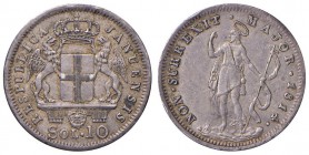GENOVA Repubblica (1814) 10 Soldi 1814 – Gig. 2 AG (g 2,10) D/ Januensis. Colpetti al bordo
BB+