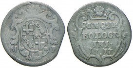 Clemente XII (1730-1740) Bologna – Carlino da 5 bolognini 1737 – Munt. 177 AG (g 1,23) Mancanza di metallo al bordo
qBB
