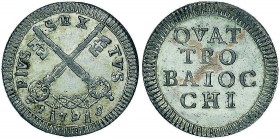Pio VI (1774-1799) 4 Baiocchi 1793 – Munt. 91 MI (g 2,53) Esemplare con perfetta argentatura
SPL+