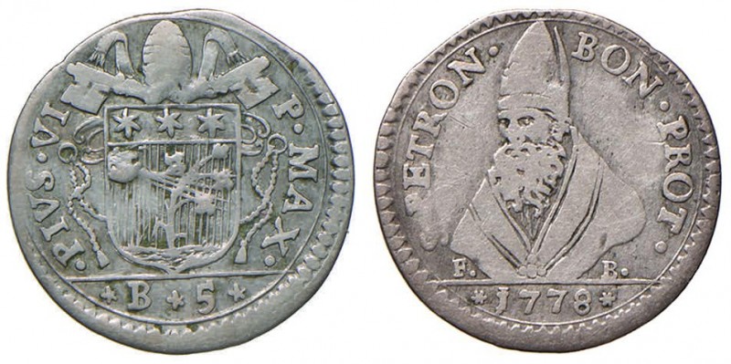 Pio VI (1774-1799) Bologna – Carlino da 5 bolognini 1778 – Munt. 229 AG (g 1,28)...