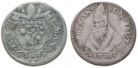 Pio VI (1774-1799) Bologna – Carlino da 5 bolognini 1778 – Munt. 229 AG (g 1,28) Mancanza di metallo al bordo
BB