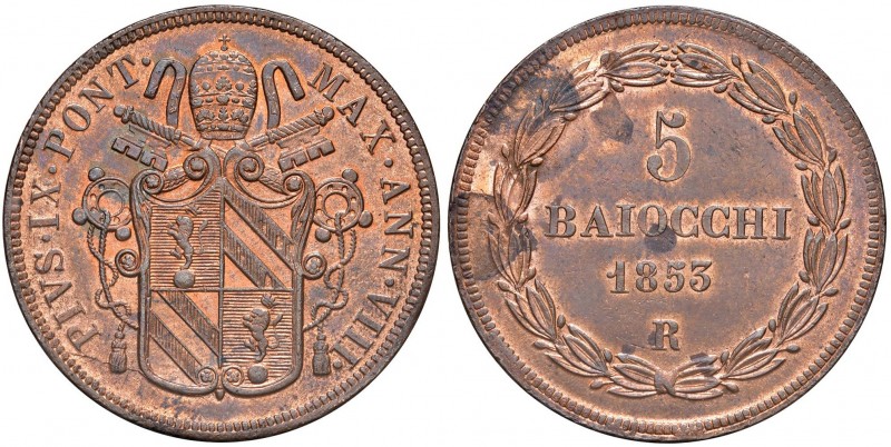 Pio IX (1846-1870) 5 Baiocchi 1853 A. VIII – Nomisma 773 CU (g 39,55) Modeste ma...