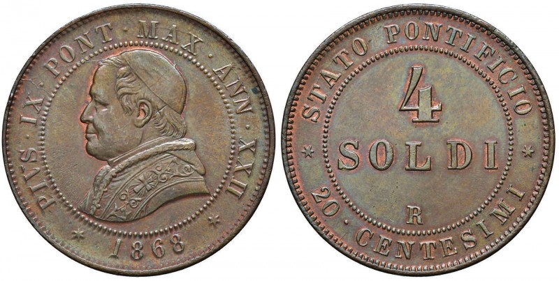 Pio IX (1846-1878) 4 Soldi 1868 A. XXII – Nomisma 897 CU (g 20,00) Colpetti al b...